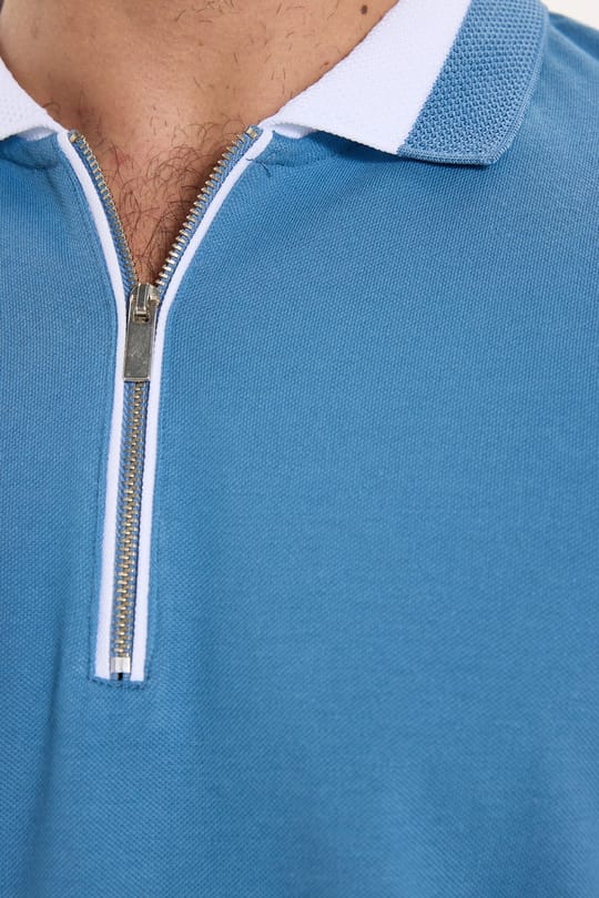 Erkek Slim Fit Dar Kesim %100 Pamuk Düz Pike Fermuarlı Mavi Polo Yaka Tişört