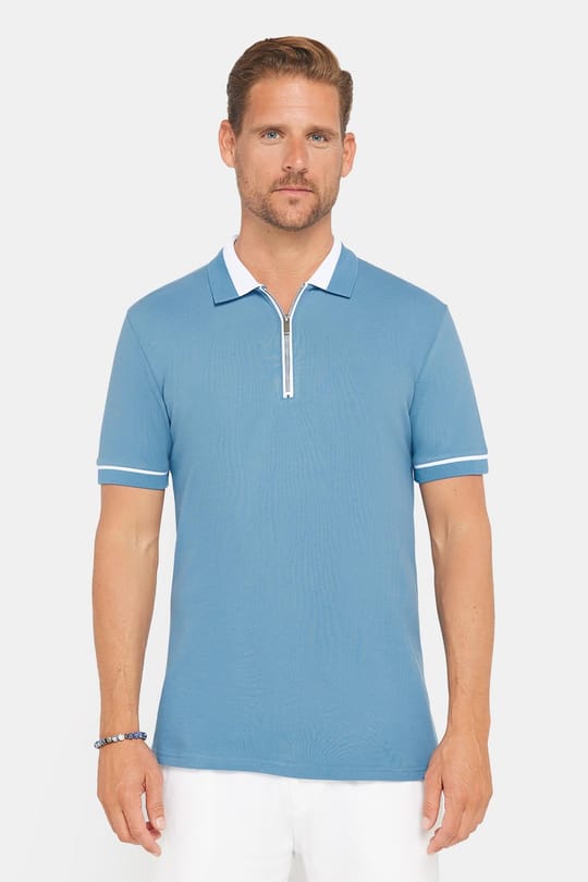 Erkek Slim Fit Dar Kesim %100 Pamuk Düz Pike Fermuarlı Mavi Polo Yaka Tişört