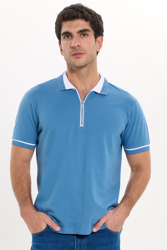 Erkek Slim Fit Dar Kesim %100 Pamuk Düz Pike Fermuarlı Mavi Polo Yaka Tişört