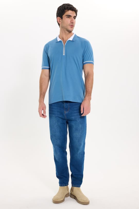 Erkek Slim Fit Dar Kesim %100 Pamuk Düz Pike Fermuarlı Mavi Polo Yaka Tişört