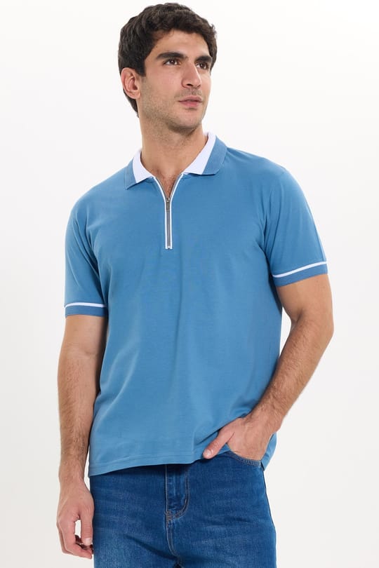 Erkek Slim Fit Dar Kesim %100 Pamuk Düz Pike Fermuarlı Mavi Polo Yaka Tişört