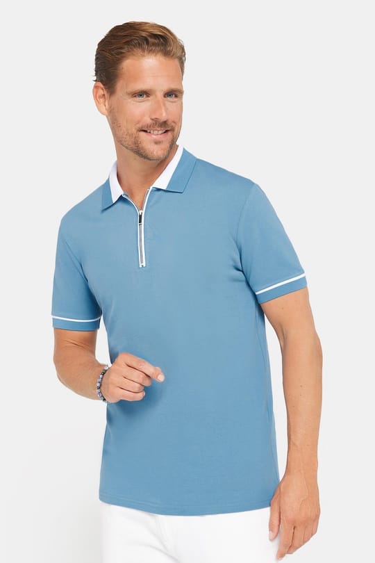 Erkek Slim Fit Dar Kesim %100 Pamuk Düz Pike Fermuarlı Mavi Polo Yaka Tişört