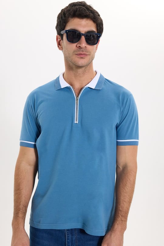 Erkek Slim Fit Dar Kesim %100 Pamuk Düz Pike Fermuarlı Mavi Polo Yaka Tişört