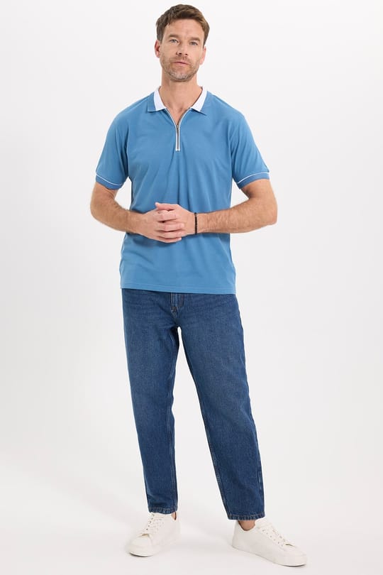 Erkek Slim Fit Dar Kesim %100 Pamuk Düz Pike Fermuarlı Mavi Polo Yaka Tişört