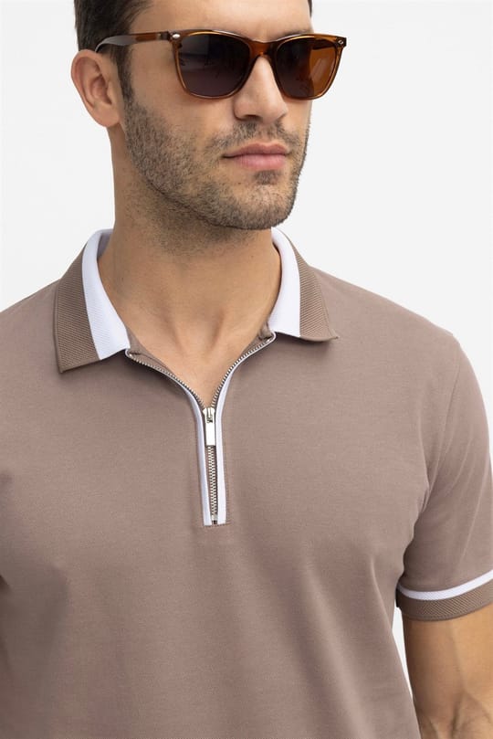 Erkek Polo Yaka Slim Fit Pamuk Fermuarlı Pike  Tişört