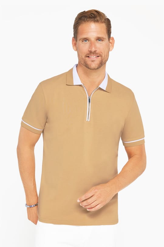 Erkek Slim Fit Dar Kesim %100 Pamuk Düz Pike Fermuarlı Kum Rengi Polo Yaka Tişört