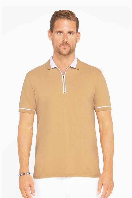 Erkek Slim Fit Dar Kesim %100 Pamuk Düz Pike Fermuarlı Kum Rengi Polo Yaka Tişört