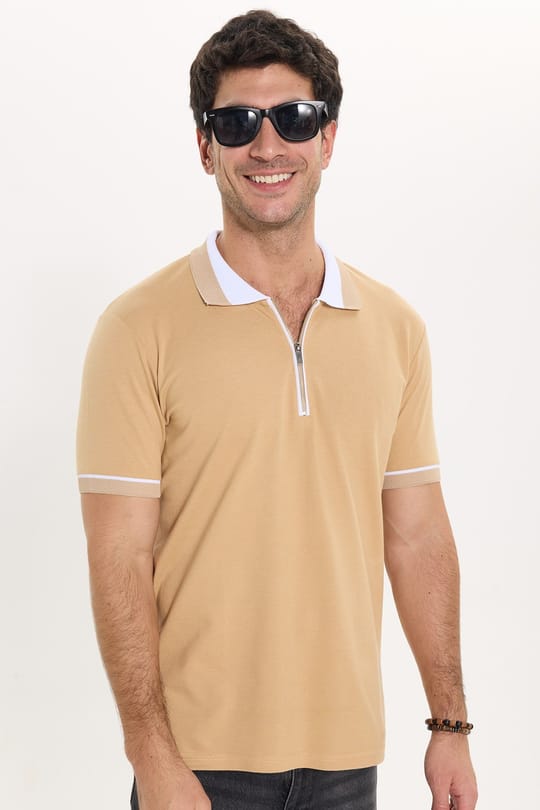 Erkek Slim Fit Dar Kesim %100 Pamuk Düz Pike Fermuarlı Kum Rengi Polo Yaka Tişört
