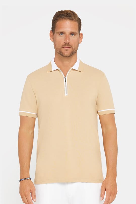 Erkek Slim Fit Dar Kesim %100 Pamuk Düz Pike Fermuarlı Kum Rengi Polo Yaka Tişört