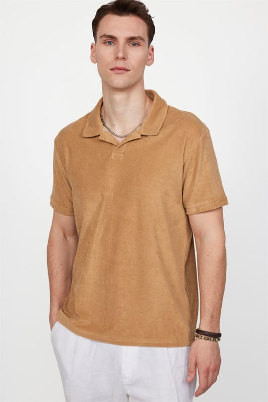 Erkek Slim Fit Dar Kesim Pamuklu Terrycloth Havlu Kumaş Bej Polo Yaka Tişört