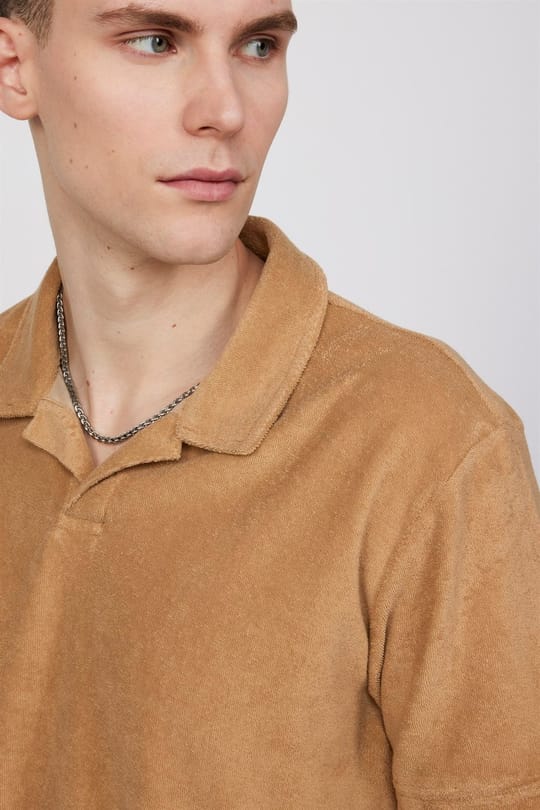 Erkek Slim Fit Dar Kesim Pamuklu Terrycloth Havlu Kumaş Bej Polo Yaka Tişört