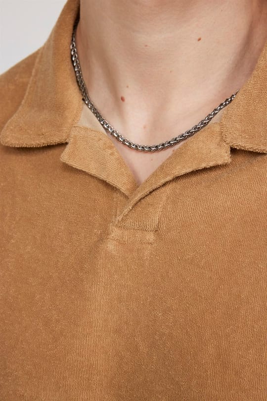 Erkek Slim Fit Dar Kesim Pamuklu Terrycloth Havlu Kumaş Bej Polo Yaka Tişört