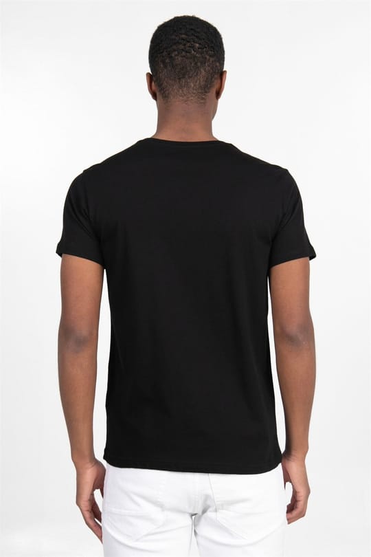 Erkek Slim Fit Dar Kesim %100 Pamuk Yumuşak Dokulu Baskılı Siyah Bisiklet Yaka Tişört