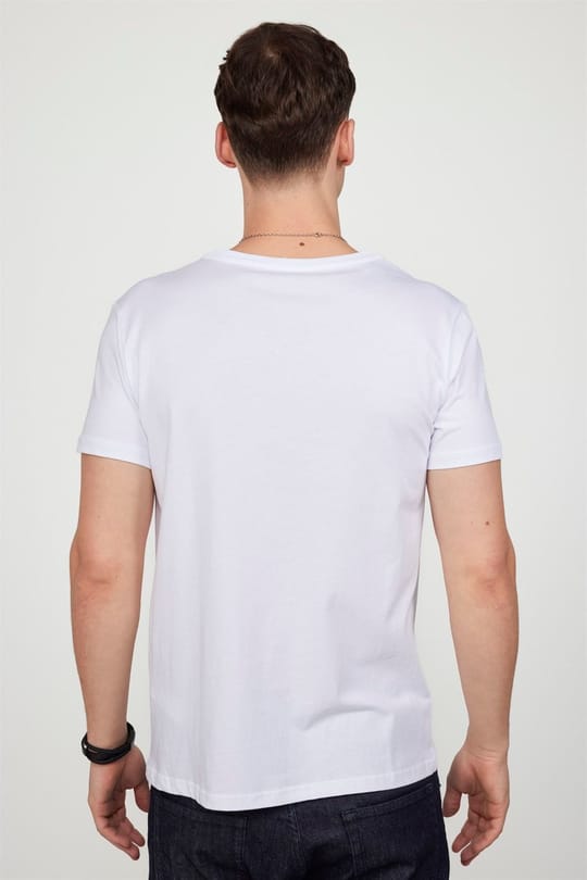 Erkek Slim Fit Dar Kesim %100 Pamuk Yumuşak Dokulu Baskılı Beyaz Bisiklet Yaka Tişört