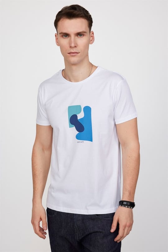 Erkek Slim Fit Dar Kesim %100 Pamuk Yumuşak Dokulu Baskılı Beyaz Bisiklet Yaka Tişört