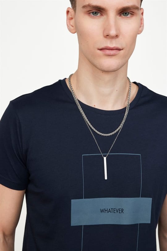 Erkek Slim Fit Dar Kesim %100 Pamuk Yumuşak Dokulu Baskılı Lacivert Bisiklet Yaka Tişört