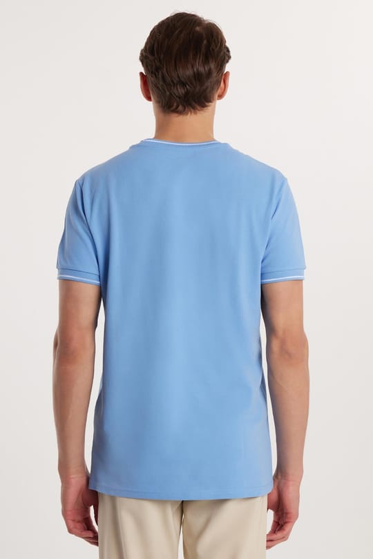 Erkek Slim Fit Dar Kesim %100 Pamuk Düz Pike Mavi Bisiklet Yaka Tişört