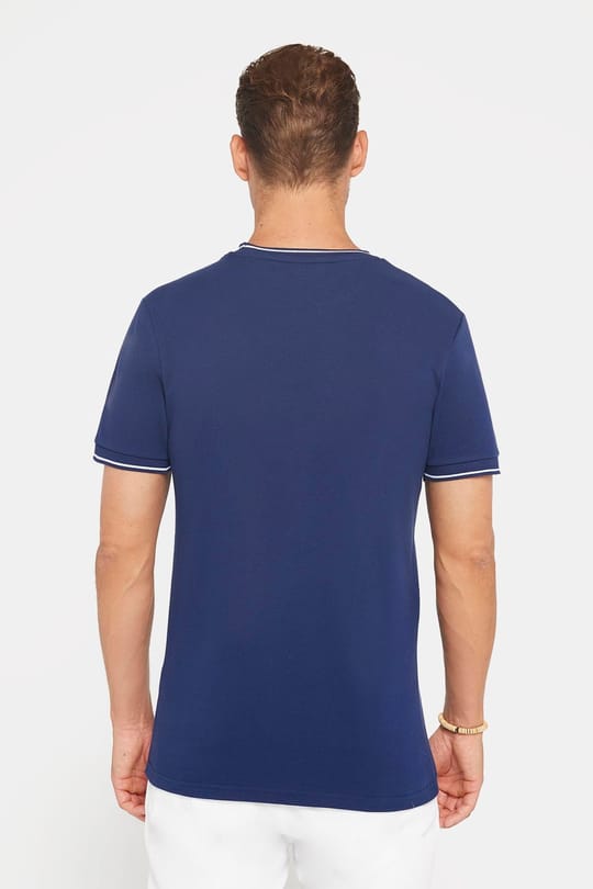 Erkek Slim Fit Dar Kesim %100 Pamuk Düz Pike Lacivert Bisiklet Yaka Tişört