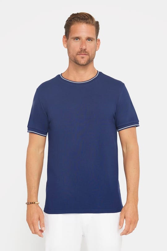 Erkek Slim Fit Dar Kesim %100 Pamuk Düz Pike Lacivert Bisiklet Yaka Tişört