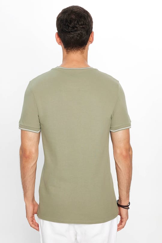 Erkek Slim Fit Dar Kesim %100 Pamuk Düz Pike Haki Bisiklet Yaka Tişört