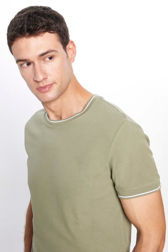 Erkek Slim Fit Dar Kesim %100 Pamuk Düz Pike Haki Bisiklet Yaka Tişört