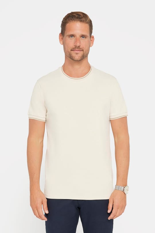 Erkek Slim Fit Dar Kesim %100 Pamuk Düz Pike Taş Rengi Bisiklet Yaka Tişört