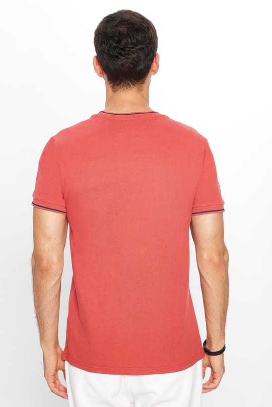 Erkek Slim Fit Dar Kesim %100 Pamuk Düz Pike Kiremit Bisiklet Yaka Tişört