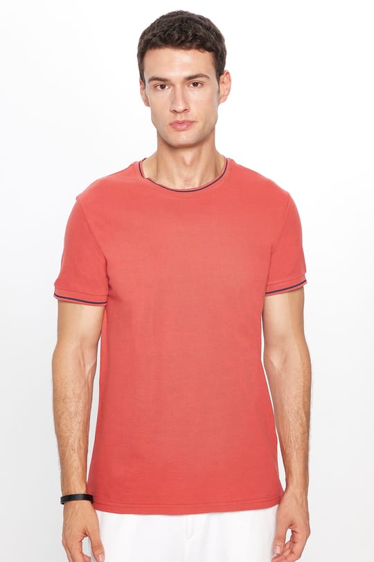 Erkek Slim Fit Dar Kesim %100 Pamuk Düz Pike Kiremit Bisiklet Yaka Tişört