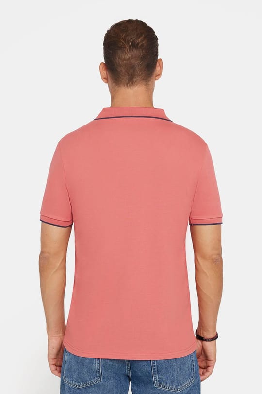 Erkek Slim Fit Dar Kesim %100 Pamuk Düz Pike Düğmesiz Pudra Polo Yaka Tişört