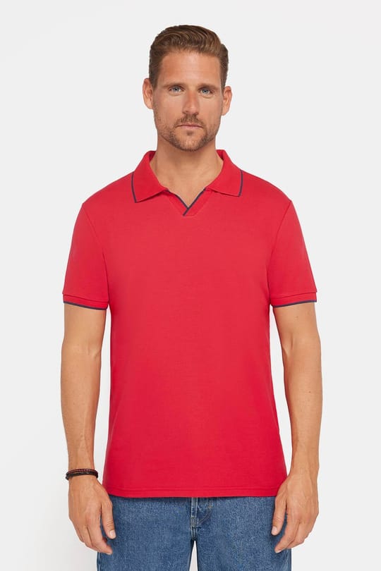 Erkek Slim Fit Dar Kesim %100 Pamuk Düz Pike Düğmesiz Kırmızı Polo Yaka Tişört