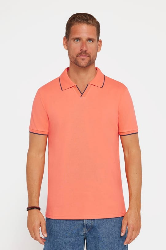 Erkek Slim Fit Dar Kesim %100 Pamuk Düz Pike Düğmesiz Somon Polo Yaka Tişört