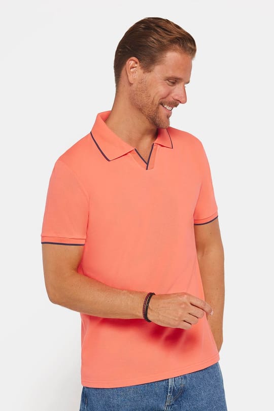 Erkek Slim Fit Dar Kesim %100 Pamuk Düz Pike Düğmesiz Somon Polo Yaka Tişört