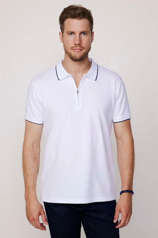 Erkek Slim Fit Dar Kesim %100 Pamuk Düz Pike Fermuarlı Beyaz Polo Yaka Tişört