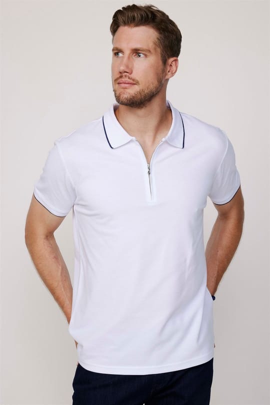 Erkek Polo Yaka Slim Fit Pamuk Fermuarlı Pike Beyaz Tişört