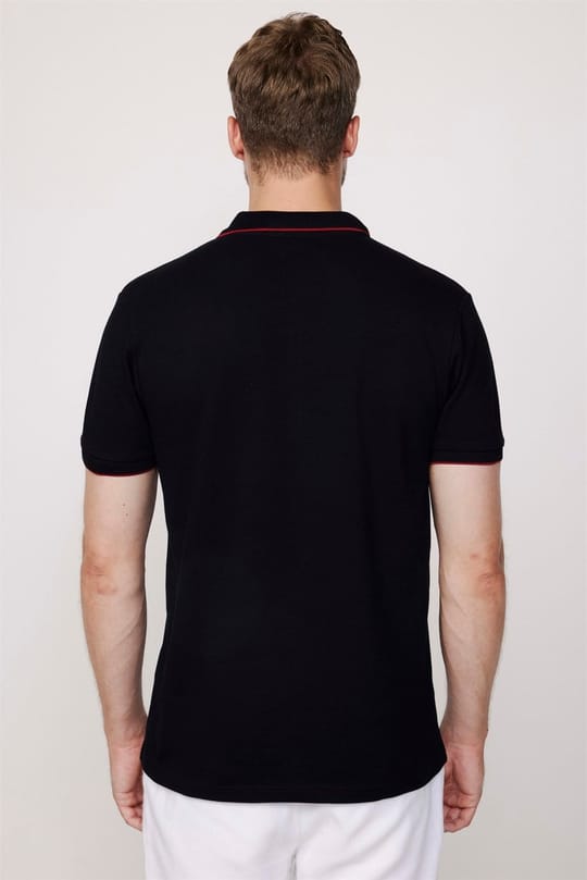 Erkek Slim Fit Dar Kesim %100 Pamuk Düz Pike Fermuarlı Siyah Polo Yaka Tişört