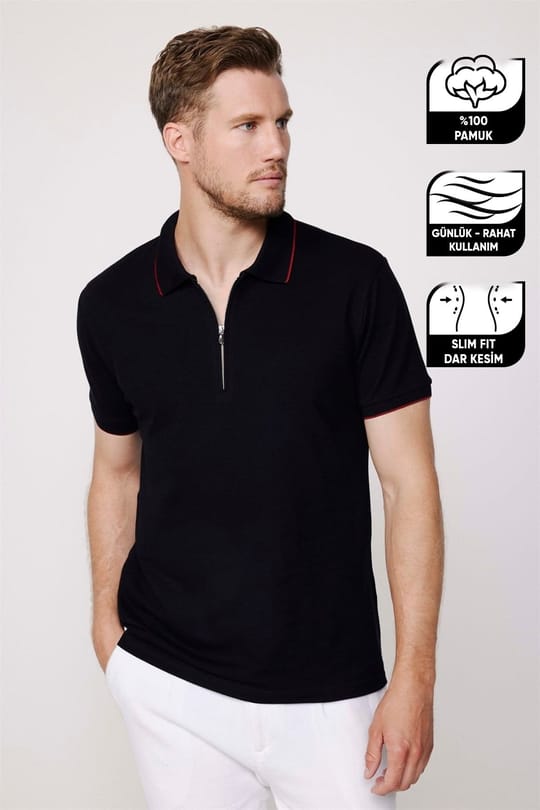 Erkek Slim Fit Dar Kesim %100 Pamuk Düz Pike Fermuarlı Siyah Polo Yaka Tişört
