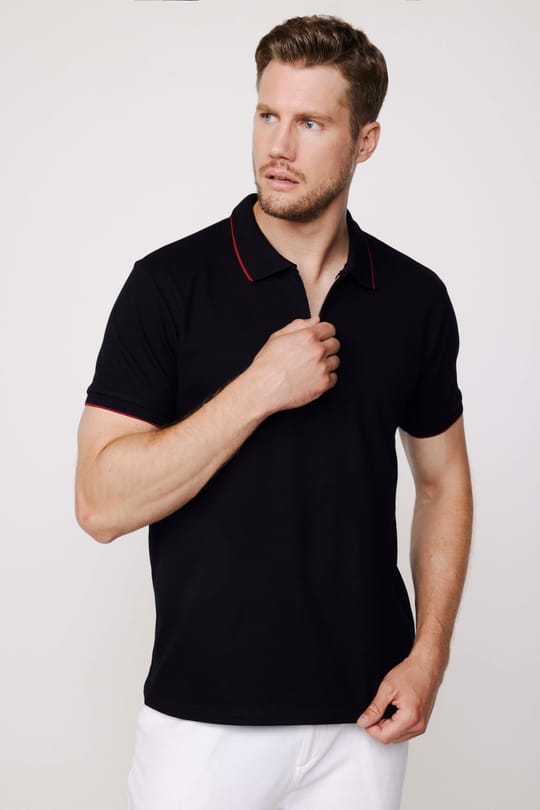 Erkek Slim Fit Dar Kesim %100 Pamuk Düz Pike Fermuarlı Siyah Polo Yaka Tişört