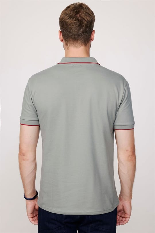 Erkek Slim Fit Dar Kesim %100 Pamuk Düz Pike Fermuarlı Gri Polo Yaka Tişört