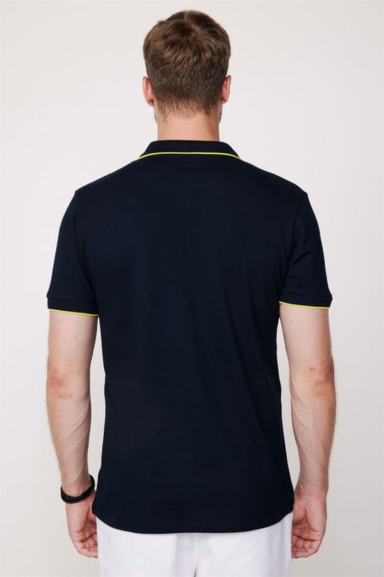 Erkek Slim Fit Dar Kesim %100 Pamuk Düz Pike Fermuarlı Lacivert Polo Yaka Tişört