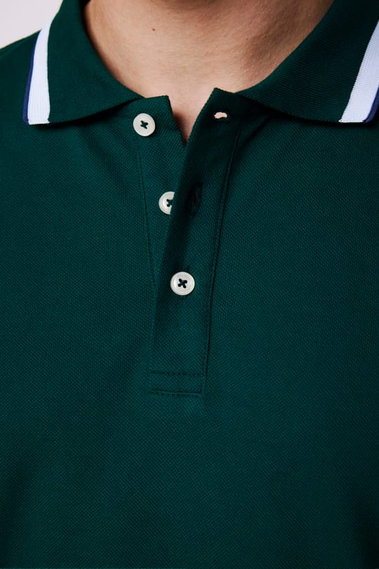 Erkek Slim Fit Dar Kesim %100 Pamuk Düz Pike Kol Şeritli Yeşil Polo Yaka Tişört
