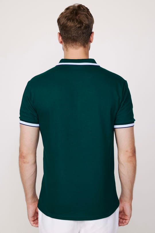 Erkek Slim Fit Dar Kesim %100 Pamuk Düz Pike Kol Şeritli Yeşil Polo Yaka Tişört