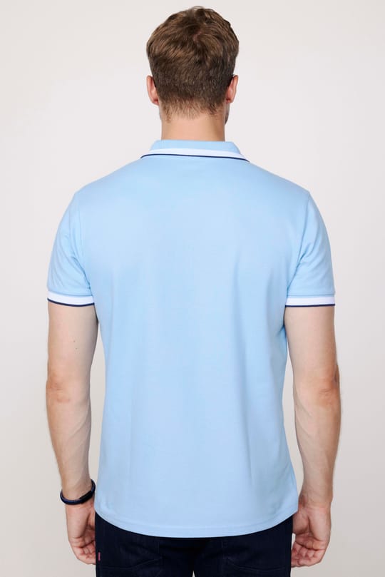Erkek Slim Fit Dar Kesim %100 Pamuk Düz Pike Kol Şeritli Mavi Polo Yaka Tişört