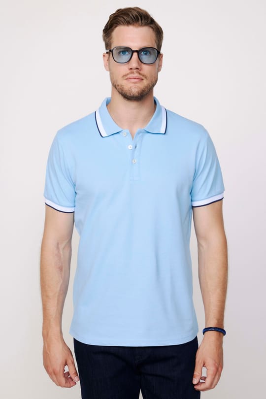 Erkek Slim Fit Dar Kesim %100 Pamuk Düz Pike Kol Şeritli Mavi Polo Yaka Tişört