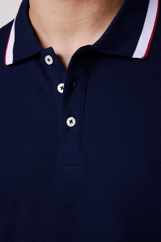 Erkek Slim Fit Dar Kesim %100 Pamuk Düz Pike Kol Şeritli Lacivert Polo Yaka Tişört