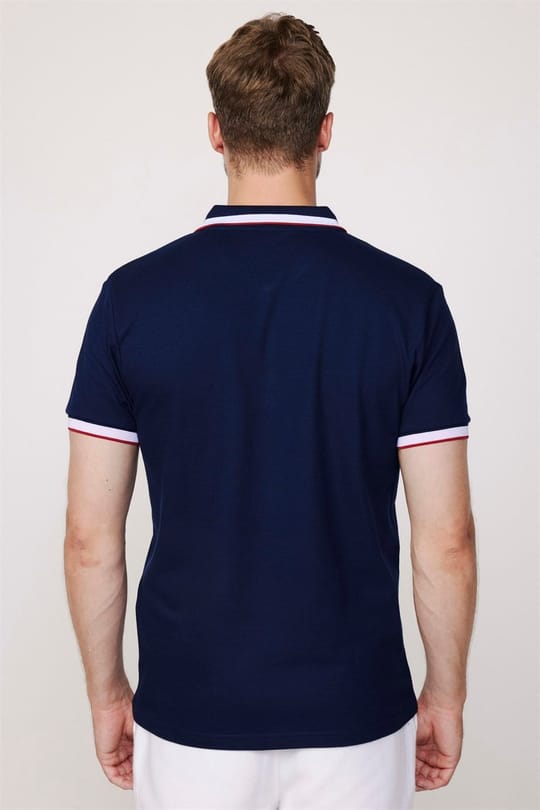 Erkek Slim Fit Dar Kesim %100 Pamuk Düz Pike Kol Şeritli Lacivert Polo Yaka Tişört