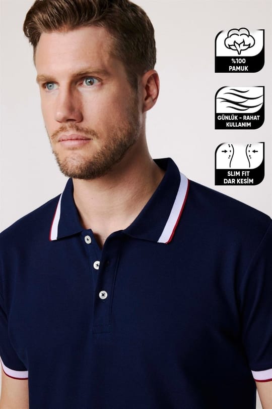 Erkek Slim Fit Dar Kesim %100 Pamuk Düz Pike Kol Şeritli Lacivert Polo Yaka Tişört