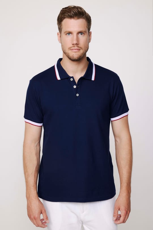 Erkek Slim Fit Dar Kesim %100 Pamuk Düz Pike Kol Şeritli Lacivert Polo Yaka Tişört
