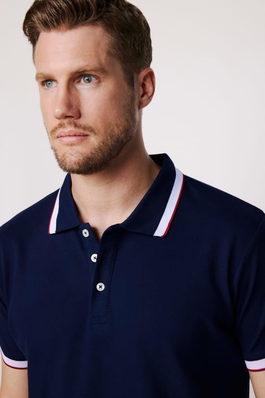 Erkek Slim Fit Dar Kesim %100 Pamuk Düz Pike Kol Şeritli Lacivert Polo Yaka Tişört