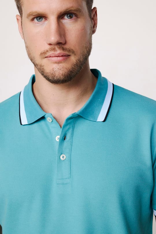 Erkek Slim Fit Dar Kesim %100 Pamuk Düz Pike Kol Şeritli Turkuaz Polo Yaka Tişört