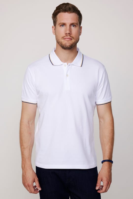 Erkek Slim Fit Dar Kesim %100 Pamuk Düz Pike Kol Şeritli Beyaz Polo Yaka Tişört